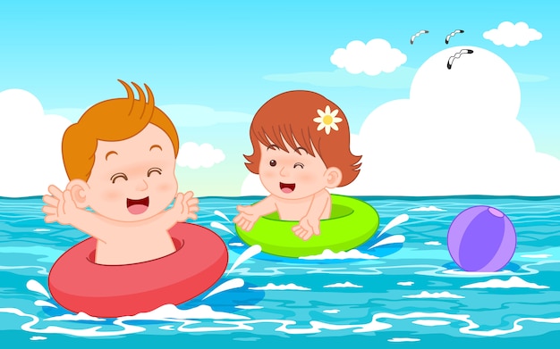 ベクトルイラストかわいい漫画のキャラクターの男の子と女の子の水泳リング赤と緑の海で泳いで プレミアムベクター