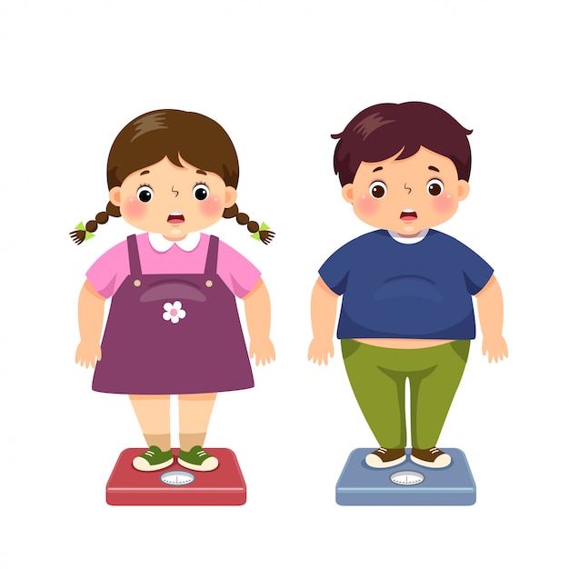 ベクトルイラストかわいい漫画デブ少年と少女は体重計で体重をチェックします プレミアムベクター
