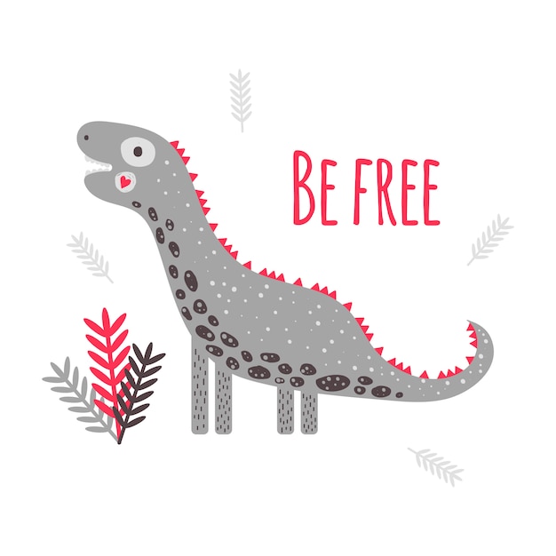 ベクトルイラストかわいい恐竜diplodocus テキストのある子供向けの印刷は無料です 赤とグレー葉 プレミアムベクター