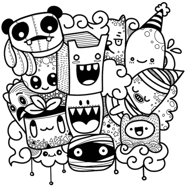 Vector illustration of doodle cute monster background | Premium Vector