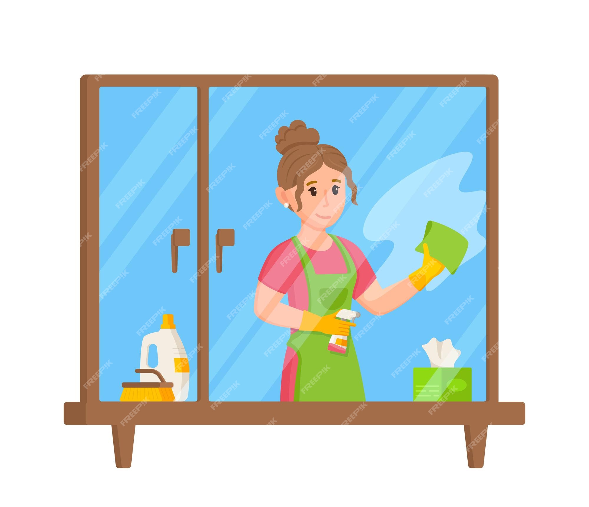 Premium Vector | Vector illustration of housewife washing window spend ...