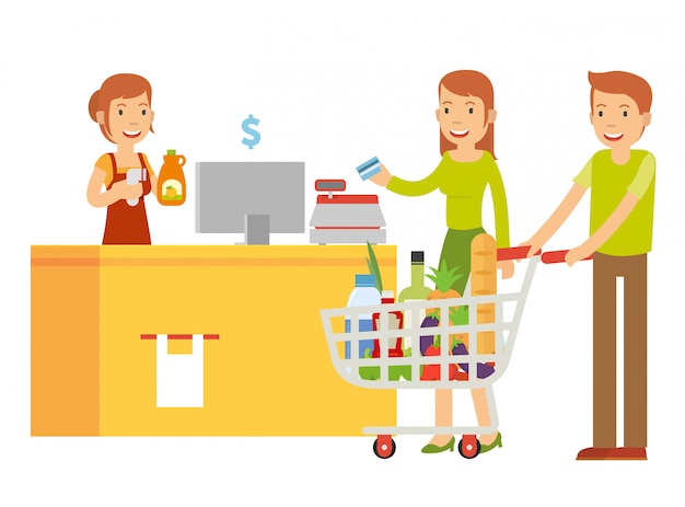 Vector illustration of husband and his wife are in the cashier to pay ...