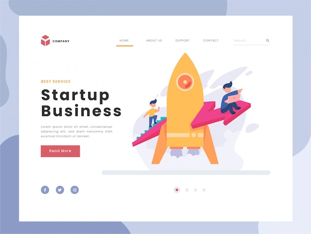 Vector illustration idea concept for landing page template, man soars into the sky through clouds with jet pack rocket, team startup launch of a new business developing company, flat gradient style. Premium Vector