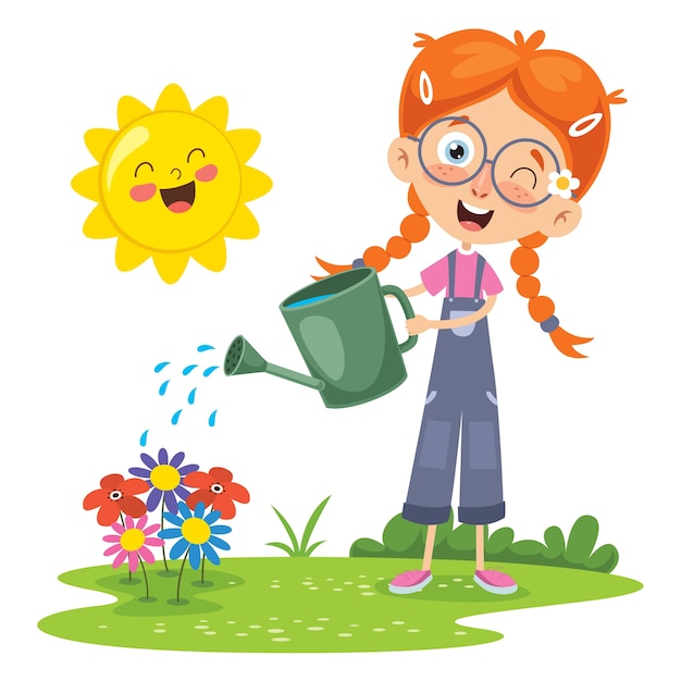 Vector illustration of kid watering flowers | Premium Vector