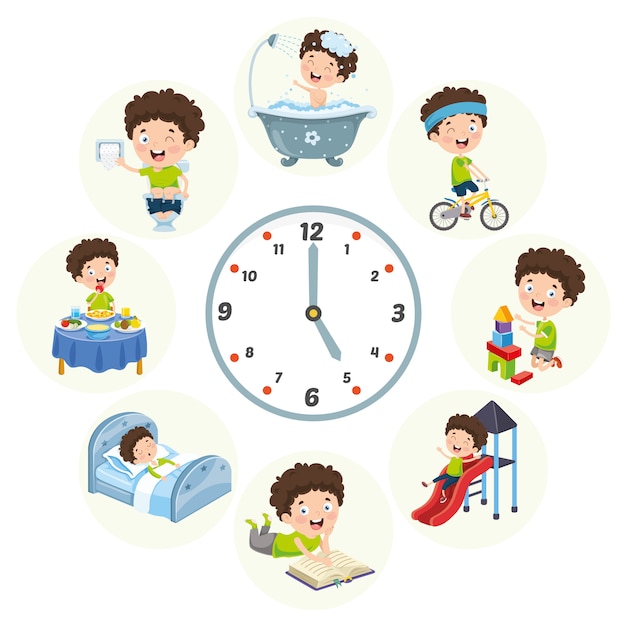 Vector Illustration Of Kids Daily Routine Activities 