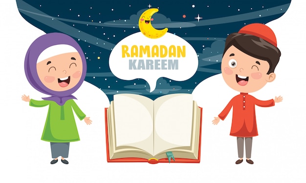 Vector illustration of muslim kids celebrating ramadan | Premium Vector