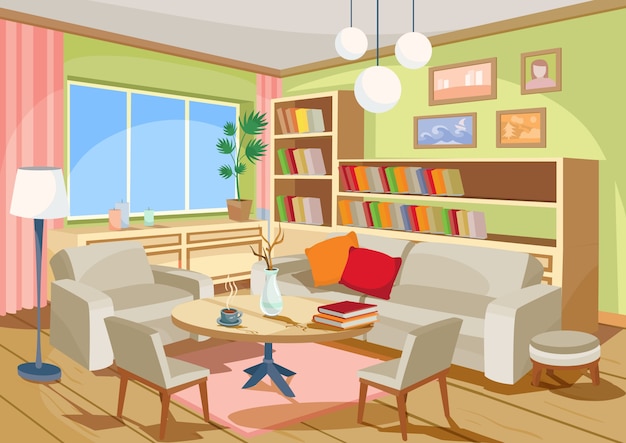 Vector illustration of a cozy cartoon interior of a home room, a living