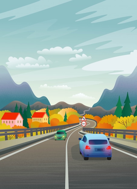 車と村の山道のベクトルイラスト 漫画のスタイルのフラットの図 プレミアムベクター