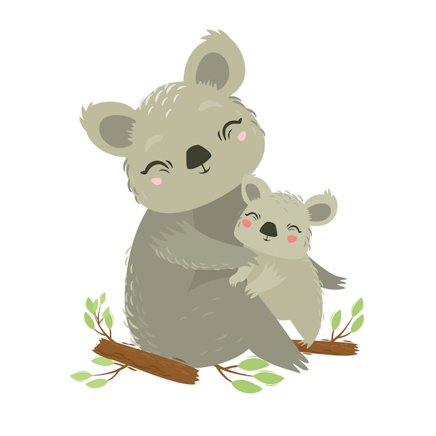 動物のベクトルイラスト コアラのママと赤ちゃん 素敵な抱擁 母の愛 野生のクマ 有袋類の動物 プレミアムベクター