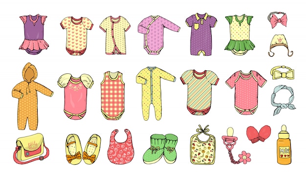 ベビー服のベクトルイラスト 女の赤ちゃんの服セット プレミアムベクター