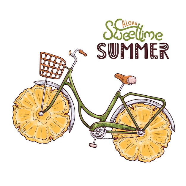 車輪の代わりにパイナップルと自転車のベクトルイラスト レタリング アロハの甘い夏 プレミアムベクター