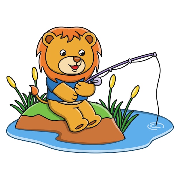 川で魚を釣り漫画ライオンのベクトルイラスト プレミアムベクター