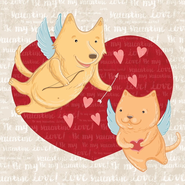 キューピッド犬と猫 バレンタインの挨拶のベクトルイラスト グリーティングカードのテンプレートです プレミアムベクター