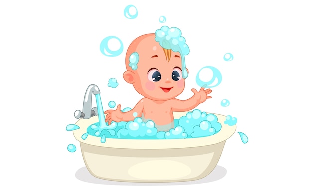 かわいい赤ちゃんの泡と泡で入浴幸せのベクトルイラスト プレミアムベクター