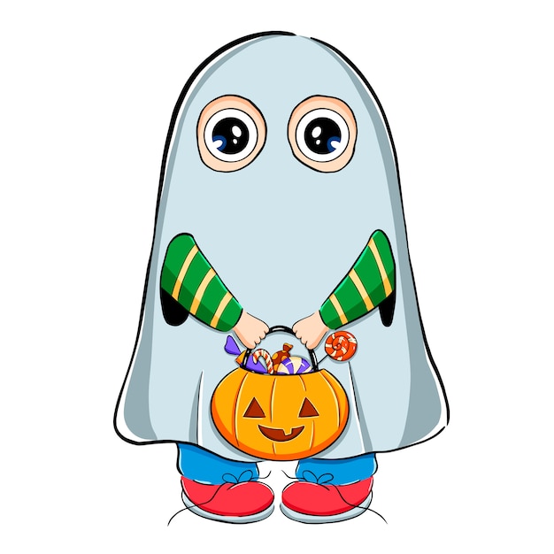 お菓子とハロウィーンの幽霊衣装でかわいい漫画少年のベクトルイラスト プレミアムベクター