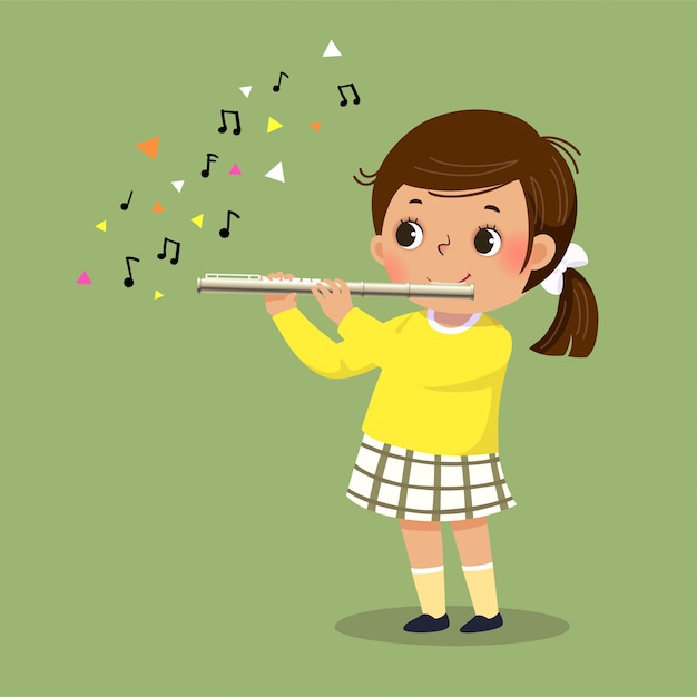 フルートを演奏するかわいい女の子のベクトルイラスト プレミアムベクター