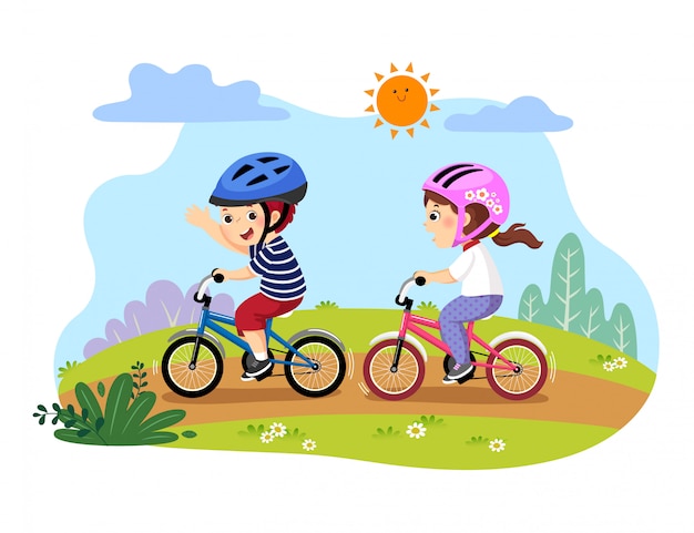 公園で自転車に乗って幸せな子供のベクトルイラスト プレミアムベクター