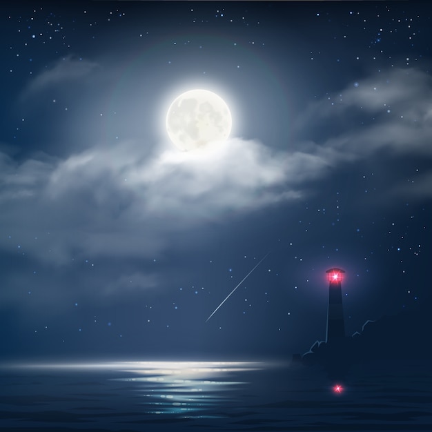 星 月と灯台と海と夜曇り空のベクトルイラスト プレミアムベクター