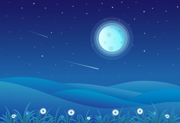 満月と星空と夜の丘の風景のベクトルイラスト プレミアムベクター
