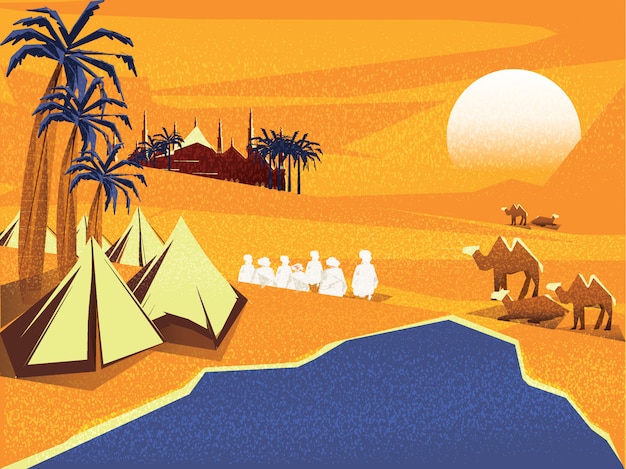 アラビア砂漠のオアシスのベクトルイラスト プレミアムベクター