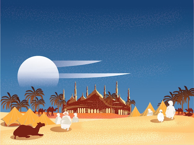 アラビア砂漠のオアシスのベクトルイラスト プレミアムベクター