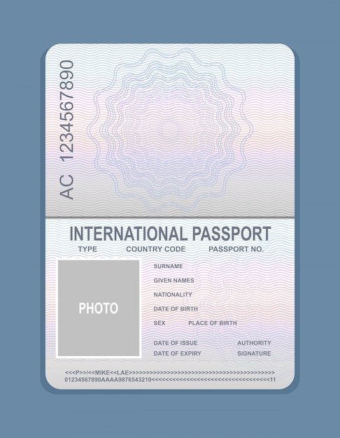 開いているパスポートテンプレートのベクターイラストです 旅行のコンセプト パスポートのサンプルのドキュメント プレミアムベクター