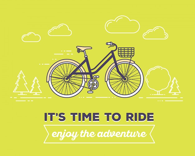 バスケットとテキストのレトロなパステルカラーの自転車のベクトルイラストと乗る時間のテキスト 緑の屋外の背景に冒険をお楽しみください 自転車の冒険のコンセプトです プレミアムベクター