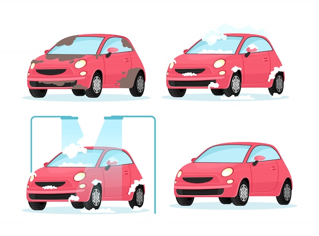 汚れた車のプロセスを洗うのベクトルイラスト フラットな漫画のスタイルの白い背景の上の洗車サービスのコンセプトです プレミアムベクター