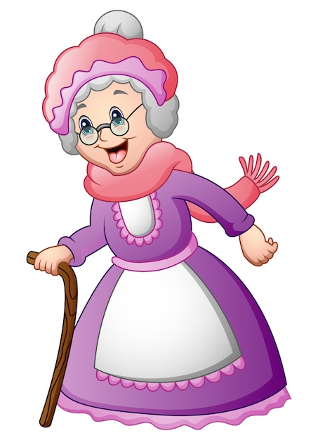 Vector illustration of old woman with walking a stick | Premium Vector