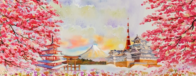 アジアで日本で有名なベクトルイラスト絵画水彩旅行のランドマーク 富士山 春を背景にした美しい建築物 人気のツアーアトラクションビジネス街 プレミアムベクター