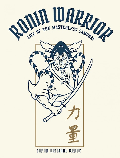 Vector illustration of ronin samurai warrior with japanese word means strength Premium Vector