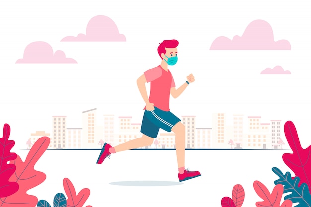 Premium Vector | Vector illustration of a runner wearing a face mask ...