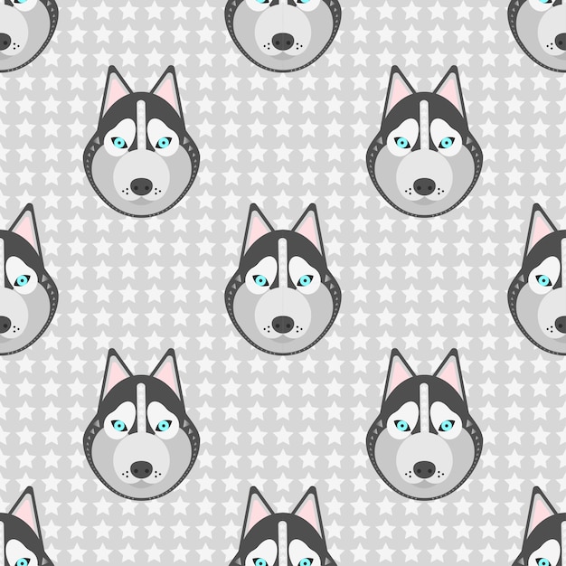 ベクトルイラストハスキー犬と灰色の星とのシームレスなパターン プレミアムベクター