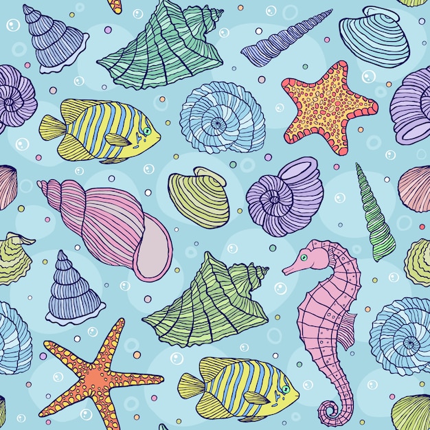 Vector illustration of seamless pattern with ocean shells Premium Vector