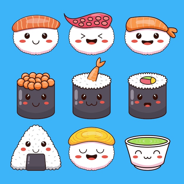 Premium Vector | Vector illustration of a set of cute sushi food ...