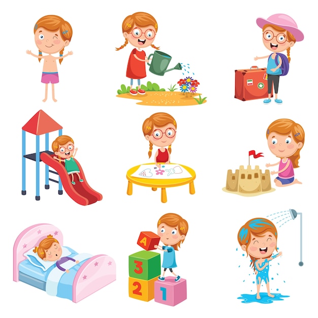 Premium Vector Vector Illustration Set Of Little Girl Daily Routines