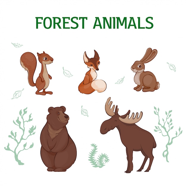 ベクトルイラスト 漫画かわいい森の動物のセットです リス キツネ ウサギ クマ ヘラジカ プレミアムベクター