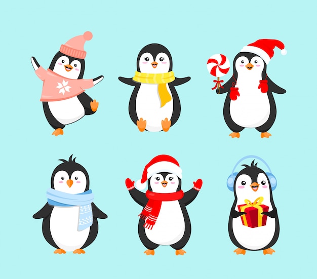 プレミアムベクター 冬の服でかわいいペンギンのベクトルイラストセット メリークリスマスのコンセプト 新年あけましておめでとうございます 冬休み 漫画フラットスタイルの明るい青の背景のペンギンコレクション