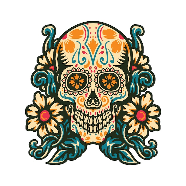 Vector illustration of sugar skull with flower border ...