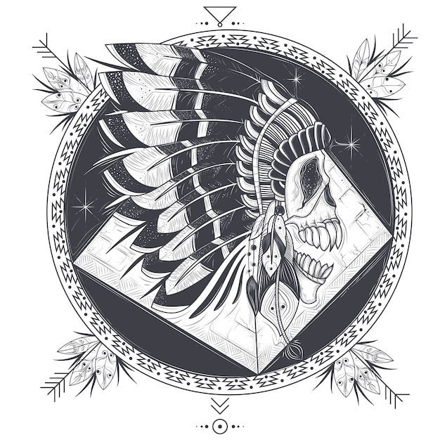 Free Vector Vector Illustration Of A Template For A Tattoo With A Human Skull In An Indian Feather Hat