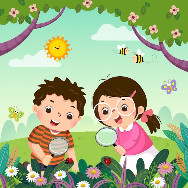 Premium Vector | Vector illustration of two kids looking through magnifying  glass at ladybugs on plants. children observing nature.