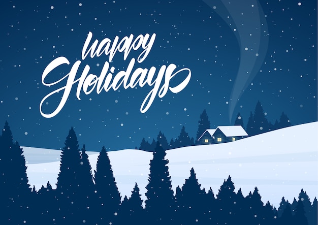 Download Premium Vector Vector Illustration Winter Snowy Christmas Landscape With Cartoon Houses And Handwritten Lettering Of Happy Holidays PSD Mockup Templates