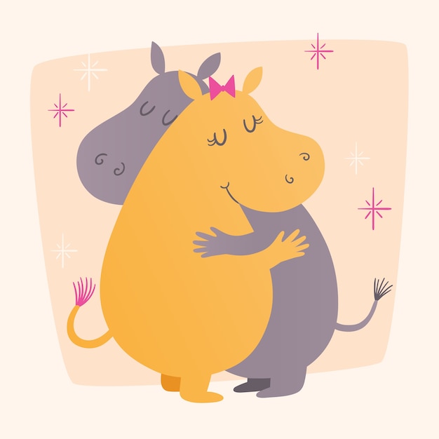 Vector illustration with cute hippos hugging Vector | Premium Download