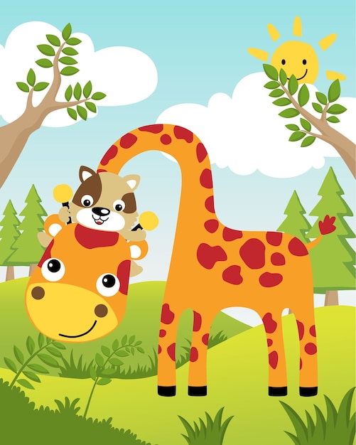 Premium Vector | Vector illustration with giraffe and cat at summer