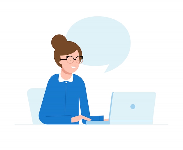 Vector illustration of a woman sitting in front of the computer and working on a project, searching, chatting. Premium Vector