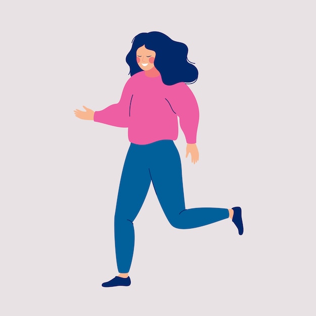 Vector Illustration Of A Young Girl With Loose Hair Walking On A Light 