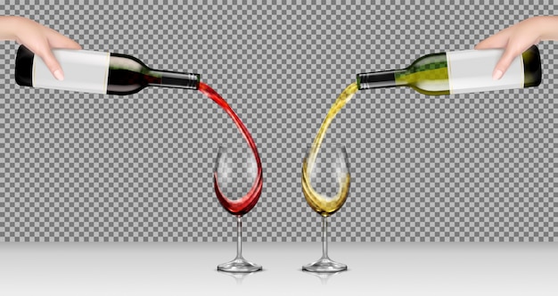 Vector illustrations of hands holding glass bottles with white and red wine and pour it into transparent glasses