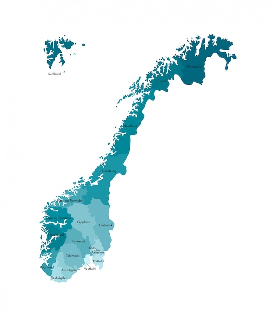 プレミアムベクター ノルウェーの簡略化された地図 地域の青いシルエットとベクトル分離イラスト 郡の名前