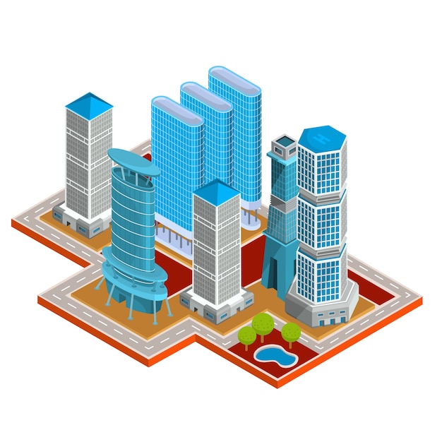 Download Vector isometric 3d illustrations of modern urban quarter with skyscrapers, offices, residential ...
