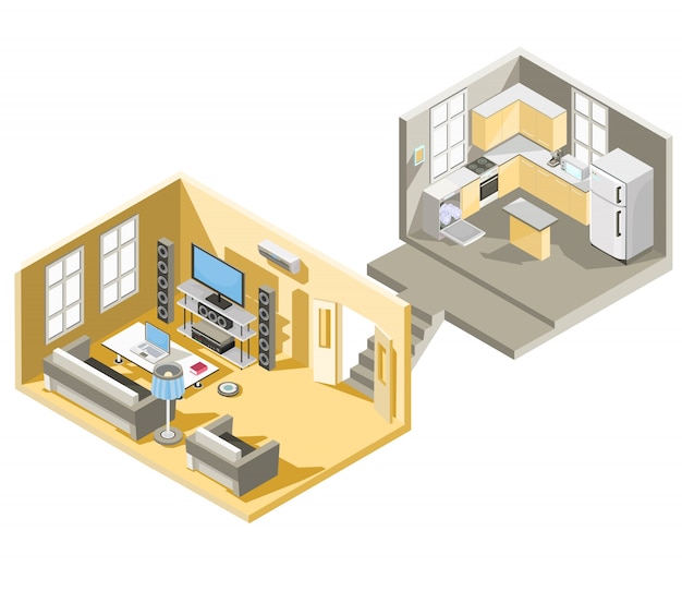Vector isometric design of a living room and kitchen